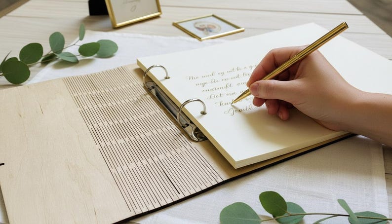 May include: A wooden scrapbook with a light-colored cover and a metal binder. A hand is writing with a gold pen on a cream-colored page. The scrapbook is open, revealing lined pages and decorative elements.