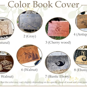 May include: A collection of wooden book covers with various designs and colors. The covers feature engraved images and text, including deer, mountains, and couples' names. The color options include natural, gray, cherry wood, and dark walnut.