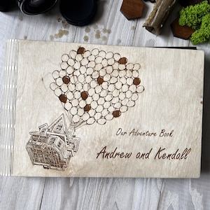 Personalized Travel Scrapbook Wooden Adventure Book Wedding Photo Guest Book Engraved Balloon House Guest Book Wood Personalized Photo Album
