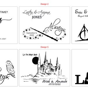 May include: A collection of six black and white designs with text and illustrations. Designs include the word "always" in cursive, a wand, a castle, an owl, and deer. Names and dates are also included.