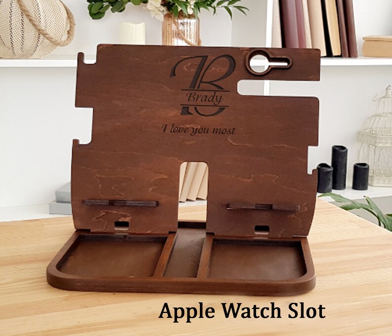 Gifts For Daddy Double Charging Station Phone Personalized Charging Dock Station Men Dual Docking Station apple watch Wood Organizer for Dad image 8