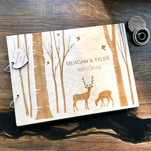 Personalized Wedding Guest Book Engraved Wooden Guest Book Rustic Wedding Guest Book deer couple wedding guest book Wood Guest Book Tree