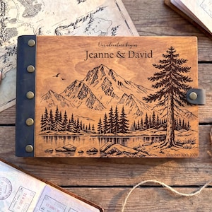 Personalized Mountain Wedding Fall Guestbook , Wooden Adventure Photo Album, Travel Scrapbook Forest Nature Keepsake