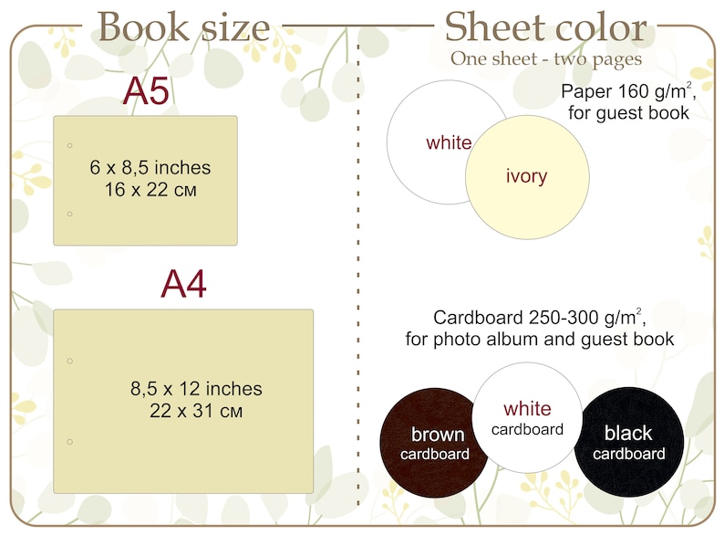 May include: Informational graphic detailing book sizes and sheet colors. Includes A5 and A4 sizes, with dimensions in inches and centimeters. Sheet color options are white and ivory paper, and brown, white, and black cardboard.