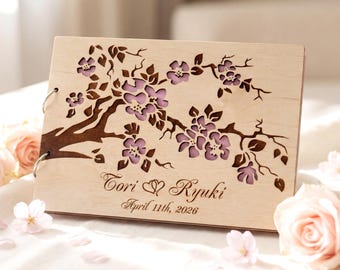 Wedding Guest Book Sakura Flowers Personalized Wooden Photo Album Cherry Blossom Floral Design Rustic