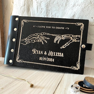 Álbum de fotos de boda gótica Libro de visitas de boda espeluznante Álbum de fotos de manos de esqueleto Álbum de fotos personalizado gótico Libro de visitas de amor a muerte Cráneo