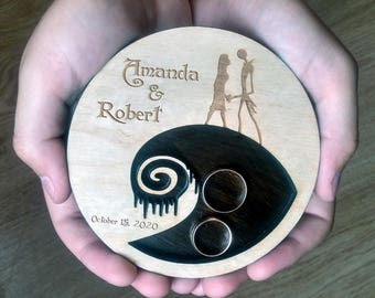 Gothic Wedding Ring Holder Wood Wedding Ring Pillow Rustic Wedding Ring Dish Jack & Sully Wooden Christmas tales Ring Plate halloween