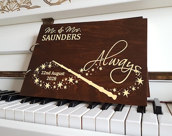Always Personalized Wooden Wedding Guest Book, Wizardry Theme Magic Photo Album, Scrapbook wizard's wand