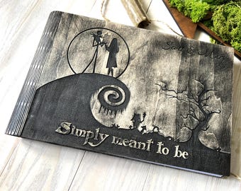 Alternative Christmas Personalized Wood Guest Book - Gothic Skeleton Holiday Photo Album - Spooky Tales Scrapbook