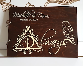 Magic Owl Photo Album - Personalized Wizardry Wooden Wedding Guest Book - Always Rustic Scrapbook Photobook