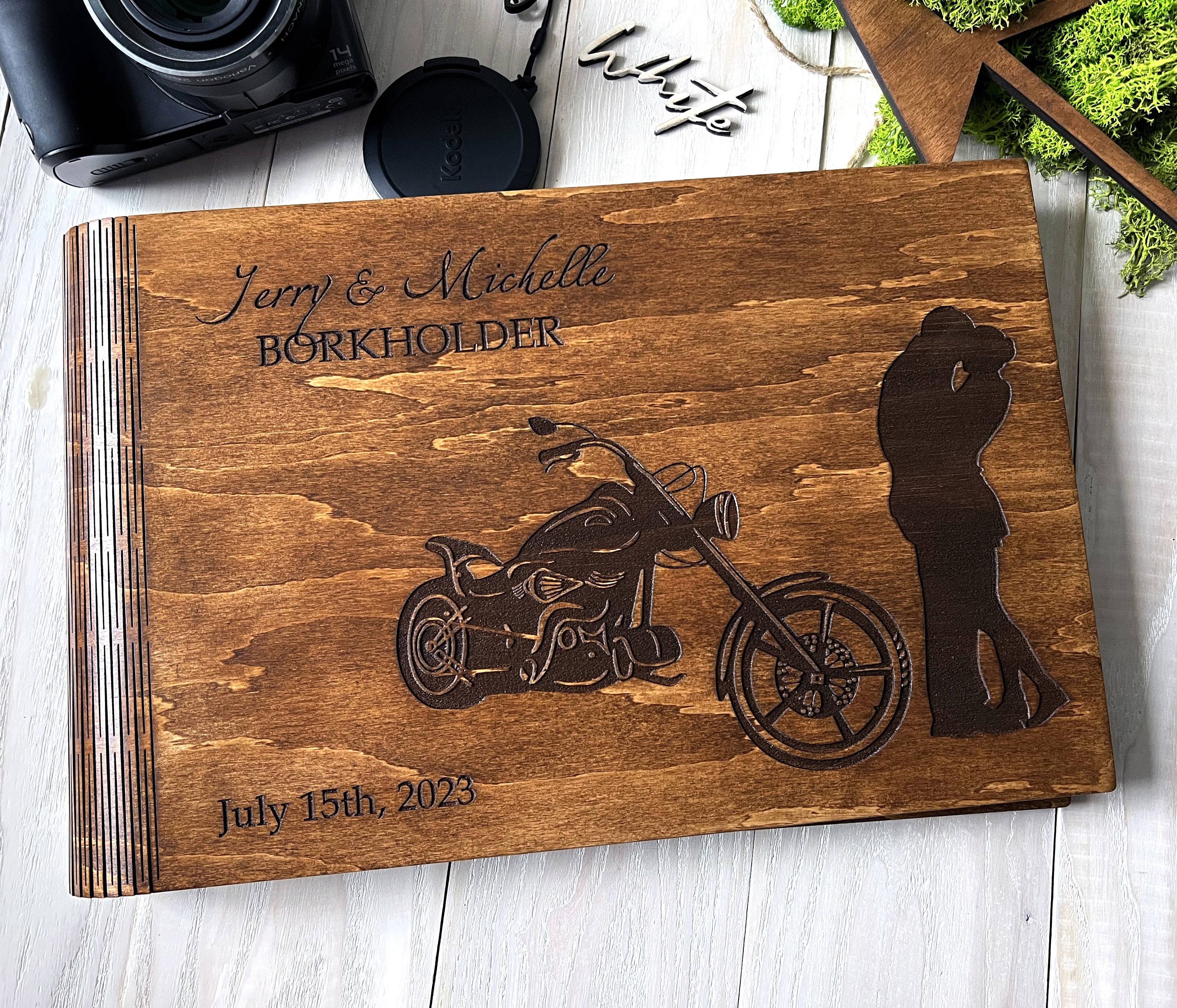 Wooden Adventure Book Personalized Guest Book Motorcycle Photo Book Rustic Wedding Guest Book Travel Photo Album Biker Couple Photo Album