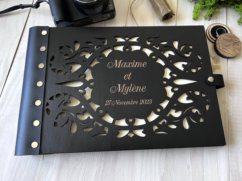 3D Wedding Photo Book Wooden Guest Book Rustic Wedding Guest Book Wood Photo Album Carved Flower Guest Book Wedding Photo Scrapbook floral image 5