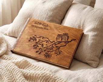 Rustic Wood Wedding Guest Book Personalized Owl, Deer Design Photo Album Birds Scrapbook Flowers
