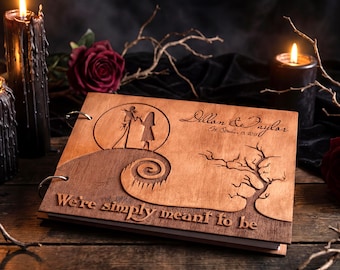 Gothic Skeleton Lovers Photo Album, Personalized Wood Guestbook, Spooky Scary Tales Scrapbook, Dark Gift