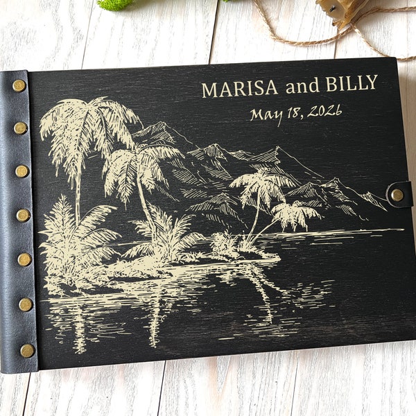 Palm trees Photo Album Mountain Wedding Guest Book Personalized Travel Scrapbook Wooden Guest Book Sea Wedding Photo Book Adventure Album