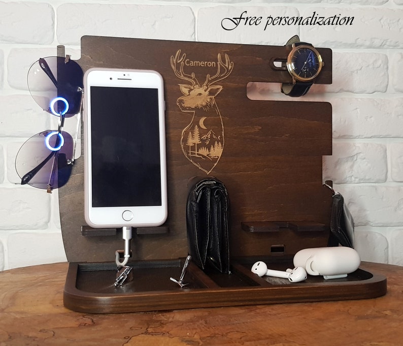 Gifts For Daddy Double Charging Station Phone Personalized Charging Dock Station Men Dual Docking Station apple watch Wood Organizer for Dad image 2