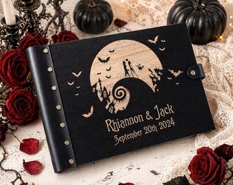 Tot de dood bruiloft-gastenboek, enge verhalen gepersonaliseerd houten fotoalbum, gotisch spookachtig plakboek