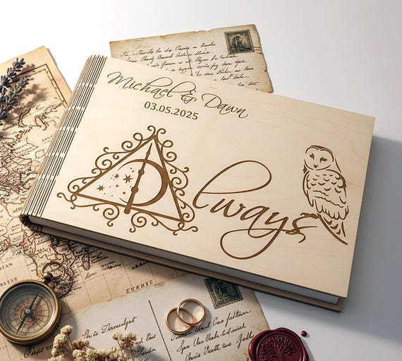 Always Personalized Wedding PhotoBook Engraved Wood Guest Book Rustic Scrapbook Album Magic PhotoAlbum Wizardry