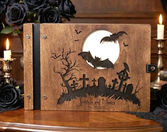 Gothic Wedding Guest Book, Personalized Leather Wooden Scrapbook, Halloween Photo Album, Spooky Keepsake