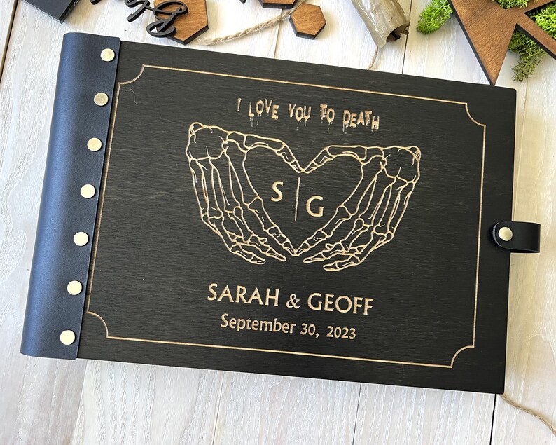 Personalized Gothic Wedding Guest Book, Skeleton Hands Skull Photoalbum, Till Death Scrapbook, Spider Web image 11