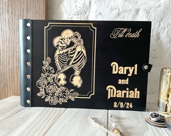 Gothic Wedding Guest Book Skeleton Hands Scrapbook Leather Personalized Photo Album Wedding Photobook Skulls
