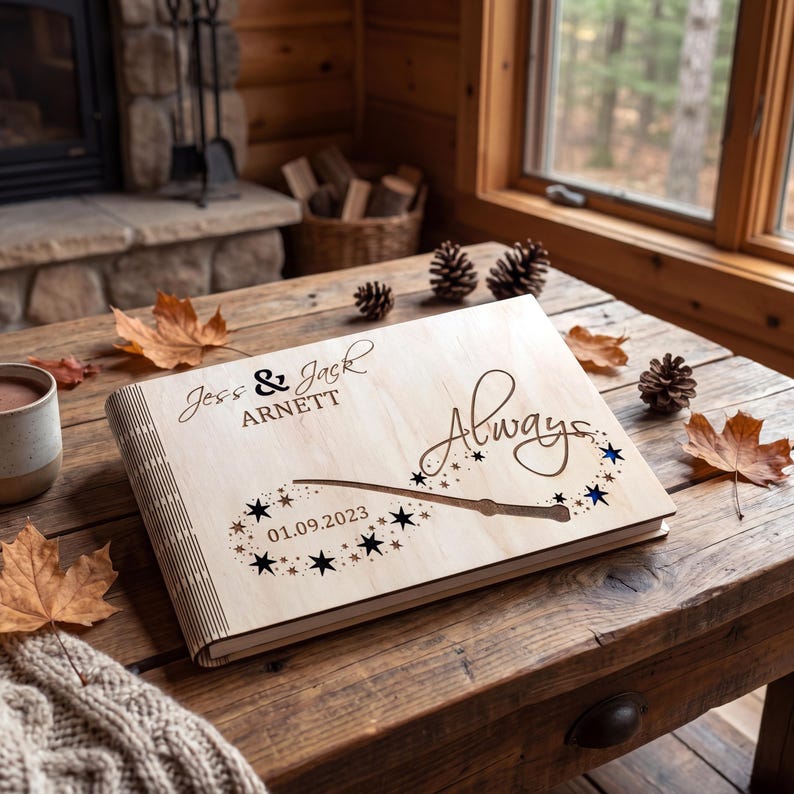 May include: A wooden book with the names "Jess & Jack Arnett" and the word "Always" in script. A wand and stars surround the date "01.09.2023". The book is on a wooden table with fall leaves and pine cones.