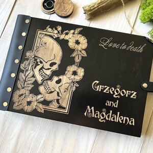 Personalized Gothic Wedding Guest Book, Skeleton Hands Skull Photoalbum, Till Death Scrapbook, Spider Web image 13