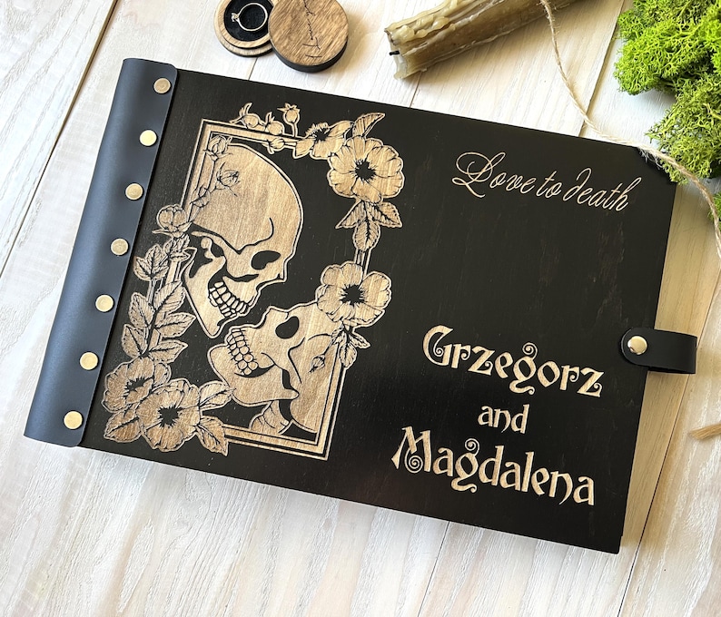 Personalized Gothic Wedding Guest Book, Skeleton Hands Skull Photoalbum, Till Death Scrapbook, Spider Web image 13
