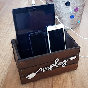 Personalized Wooden Box for iPad Wood Box Two Phone Unplug Box Rustic Family Cell Phone Holder Premium Unplug Box Electronic Christmas gift