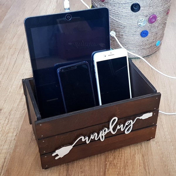 Personalized Wooden Box for iPad Wood Box Two Phone Unplug Box Rustic Family Cell Phone Holder Premium Unplug Box Electronic Christmas gift