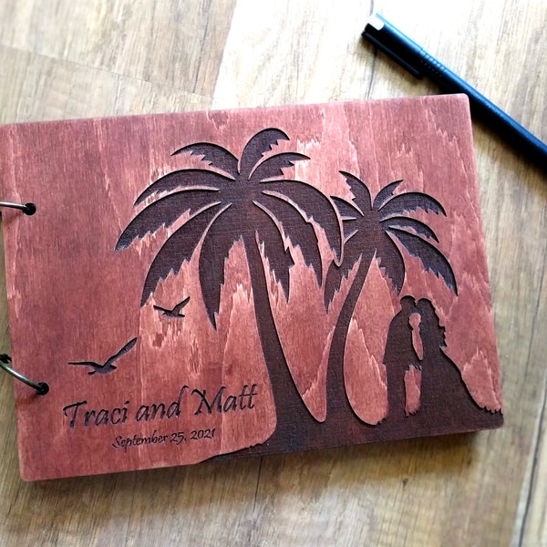 Personalized Guest Book Engraved Wooden Guest Book Baech Rustic Wedding Guest Book Tropical Palm Wood Guest Book Adventure Wedding GuestBook