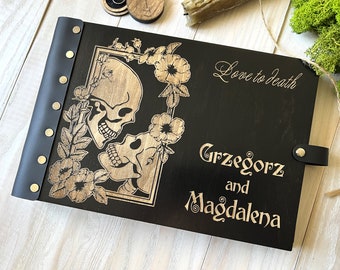 Gothic Wedding Wood Guest Book: Skeleton Hands, Personalized Leather Photo Album Til Death