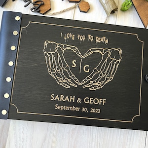 Álbum de fotos de boda &quot;Hasta la muerte&quot;, libro de visitas de boda &quot;Manos de esqueleto&quot;, libro de fotos gótico negro, álbum de fotos de boda de terror, grabado gótico de Halloween