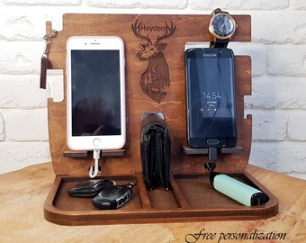 Double Charging Station Dad iPhone Personalized Charging Docking Station Men Dual Wood Docking Station 2 phones Desk Organizer Docking Tray