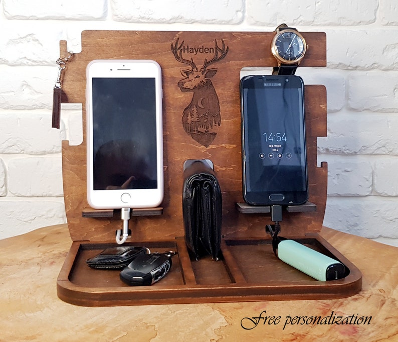 Double Charging Station Dad iPhone Personalized Charging Docking Station Men Dual Wood Docking Station 2 phones Desk Organizer Docking Tray 