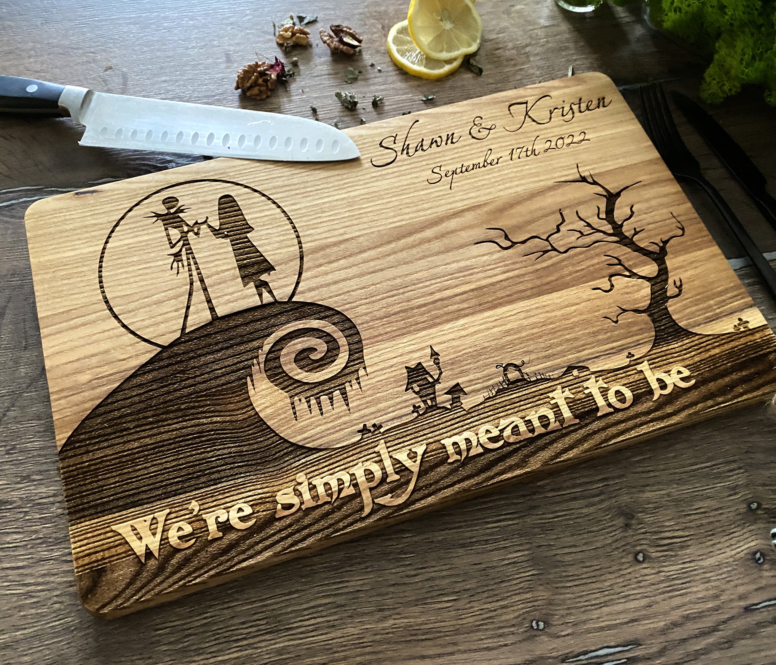 Christmas Tales wood cutting board Halloween personalized wedding cutting board engraving for couple board nightmare kitchen gift Goth style