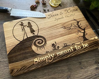 Skeleton Couple Wood Cutting Board, Personalized Gothic Wedding Gift, Spooky Scary Tales Kitchen Decor