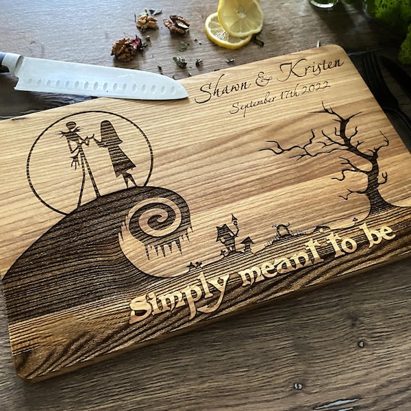Skeleton Couple Wood Cutting Board, Personalized Gothic Wedding Gift, Spooky Scary Tales Kitchen Decor