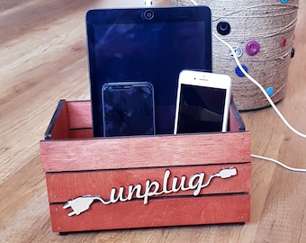 Personalized Wooden Box for iPad Wood Box Two Phone Unplug Box Rustic Family Cell Phone Holder Premium Unplug Box Electronics Christmas gift