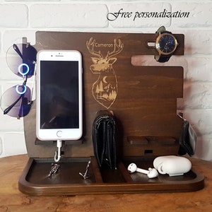 Gifts For Daddy Double Charging Station Phone Personalized Charging Dock Station Men Dual Docking Station apple watch Wood Organizer for Dad image 1