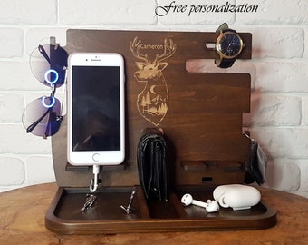 Gifts For Daddy Double Charging Station Phone Personalized Charging Dock Station Men Dual Docking Station apple watch Wood Organizer for Dad