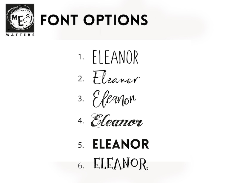 May include: A list of six different font options for the name "Eleanor" in black text on a white background. The options are numbered 1 through 6.