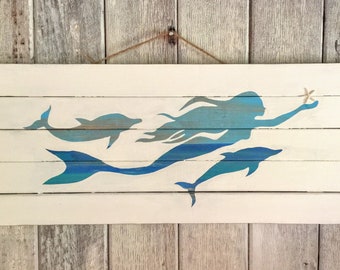 Wooden Mermaid and Dolphin Sign - Wood Mermaid Decor, Mermaid Wall Art, Upcycled Mermaid Art, Coastal Beachside Home Decor