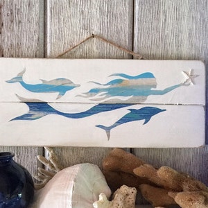 Wooden Mermaid and Dolphin Sign - Wood Mermaid Decor, Mermaid Wall Art, Upcycled Mermaid Art, Coastal Beachside Home Decor