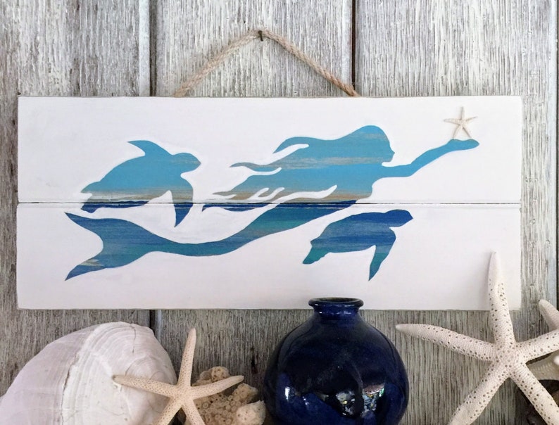 Wooden Mermaid And Sea Turtle Sign Wood Decor Wall Art Coastal Beachside Home