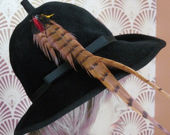 MR. K ORIGINALS, Designer Vintage Hat, Signed, Black Wool with Pheasant feather decoration, Grosgrain ribbon detail, Crown Accent, 1970s