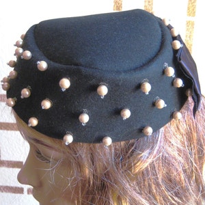Vintage Pillbox Style Hat, Black Felt, Pearl Embellishments, Satin Bow, MEIER & FRANK CO., Estate Find, Exquisite!