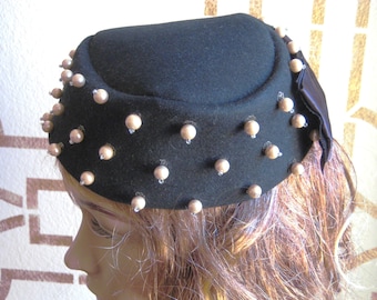 Vintage Pillbox Style Hat, Black Felt, Pearl Embellishments, Satin Bow, MEIER & FRANK CO., Estate Find, Exquisite!