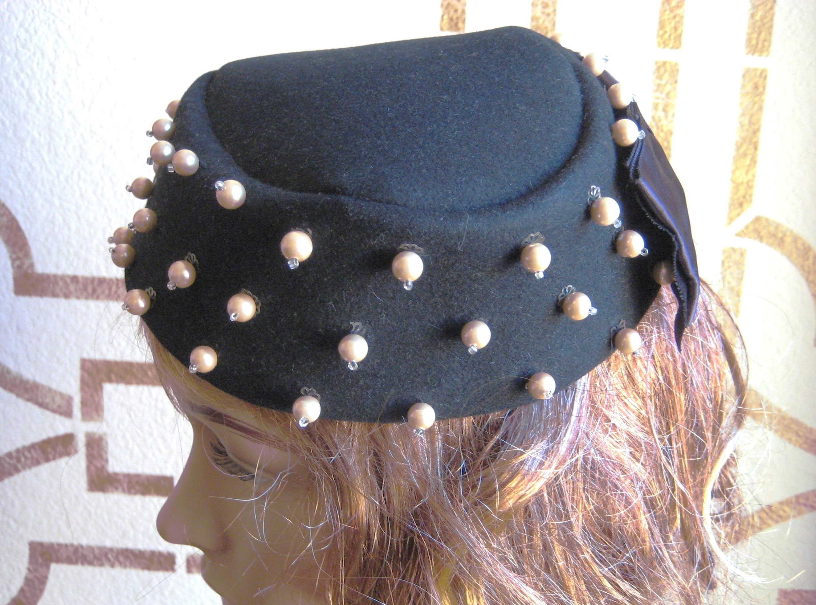 Pillbox Hat, Black Felt w/Pearl Embellishments, MEIER & FRANK CO., Vintage Estate Find