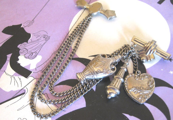 CHATELAINE 3 CHAIN, Three Charms, Two Brooch Pins… - image 1